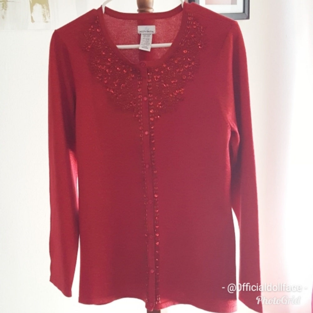 JACLYN SMITH RED SWEATER, XL, SEQUIN TRIM